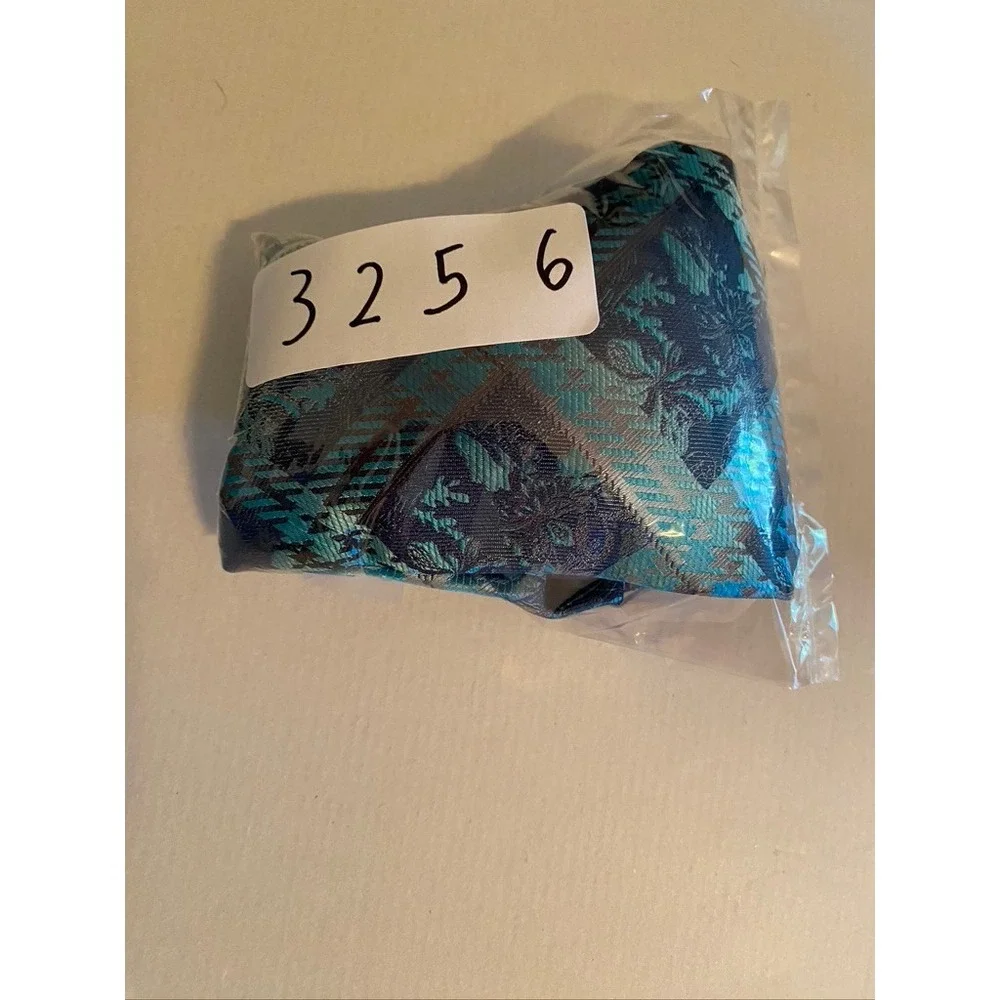 Stacy Adams Men Tie Blue Teal Geometric Plaid Floral Jacquard Silk Blend Necktie